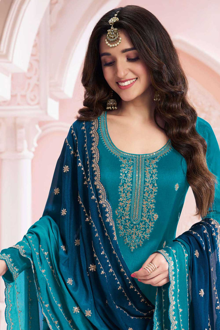 Nidhi shah Excellent Vichitra Fabric Teal Color Palazzo Suit | Buy Online India