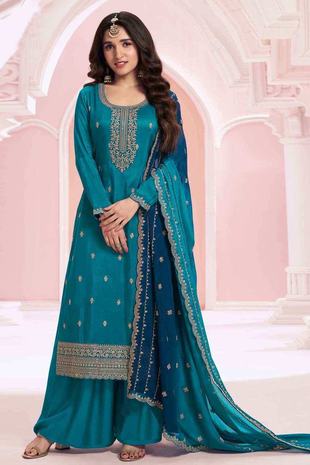 Nidhi shah Excellent Vichitra Fabric Teal Color Palazzo Suit | Buy Online India