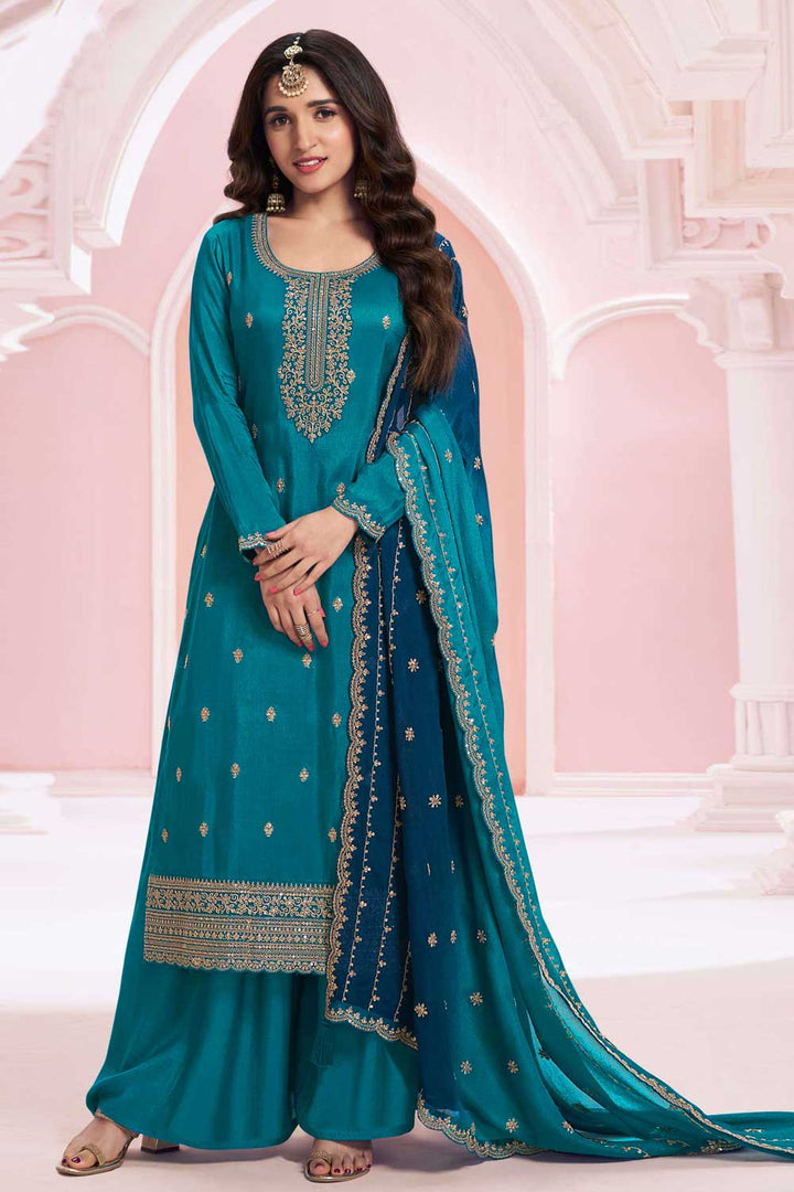Nidhi shah Excellent Vichitra Fabric Teal Color Palazzo Suit | Buy Online India