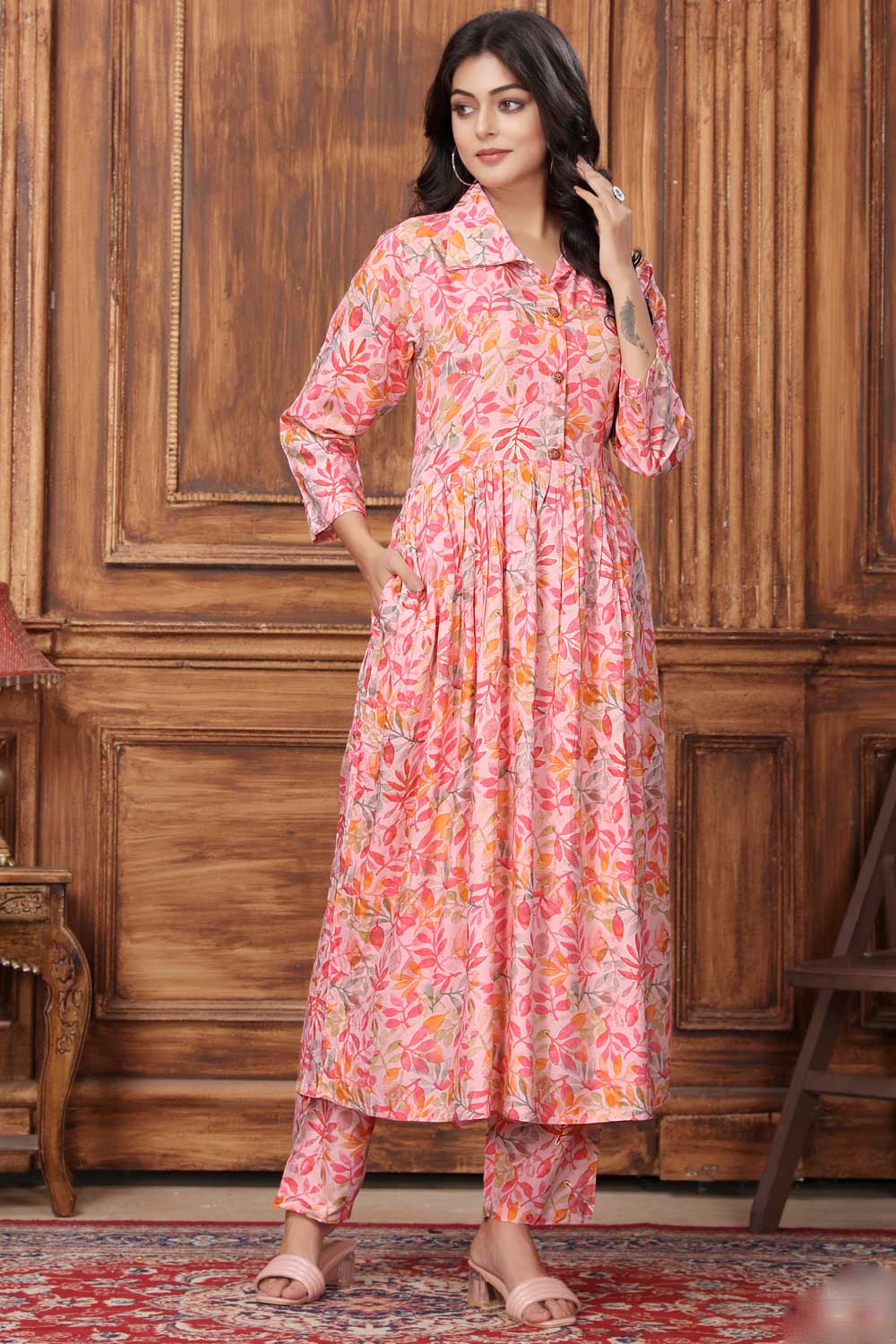 Bewitching Rayon Fabric Readymade Kurti With Bottom In Peach Color | Buy Online India