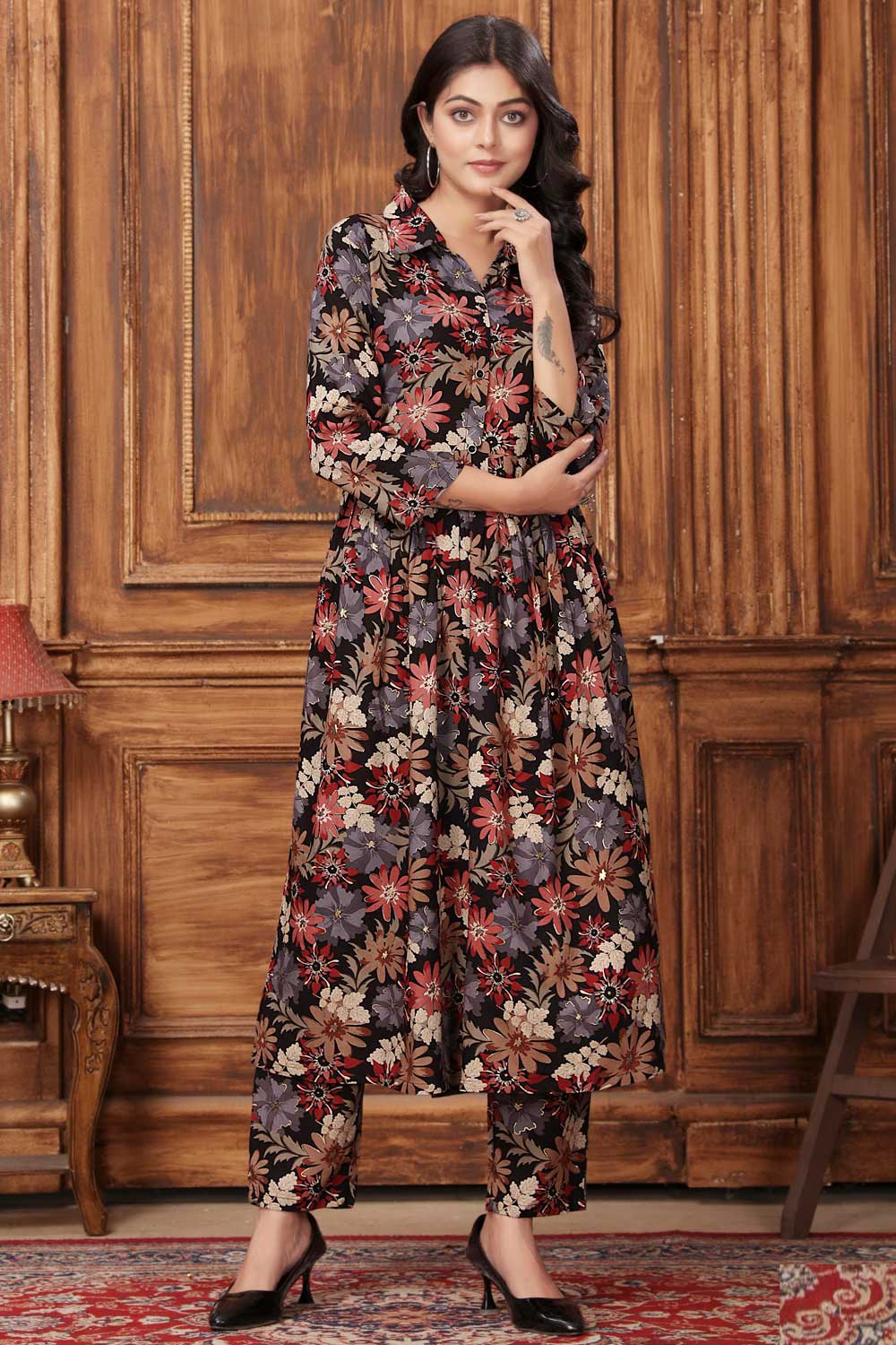 Beguiling Black Color Rayon Fabric Readymade Kurti With Bottom | Buy Online India
