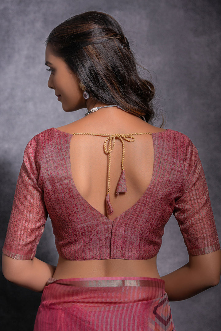 Pink Printed Pure Linen Zari Pattern Saree | Buy Online India