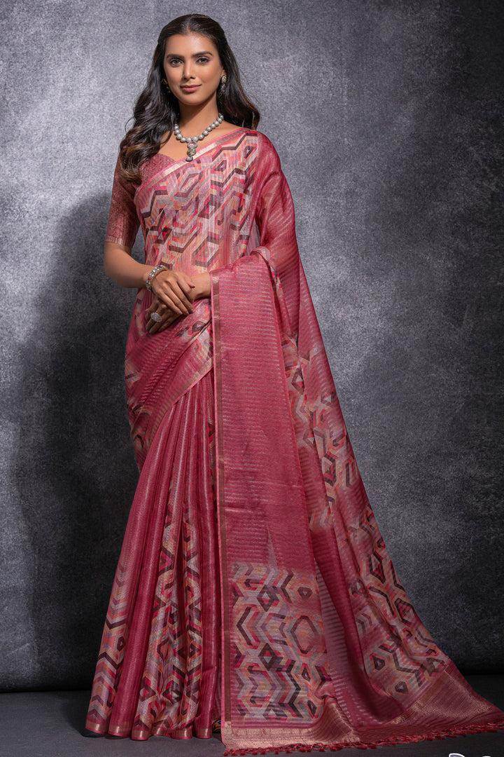 Pink Printed Pure Linen Zari Pattern Saree | Buy Online India