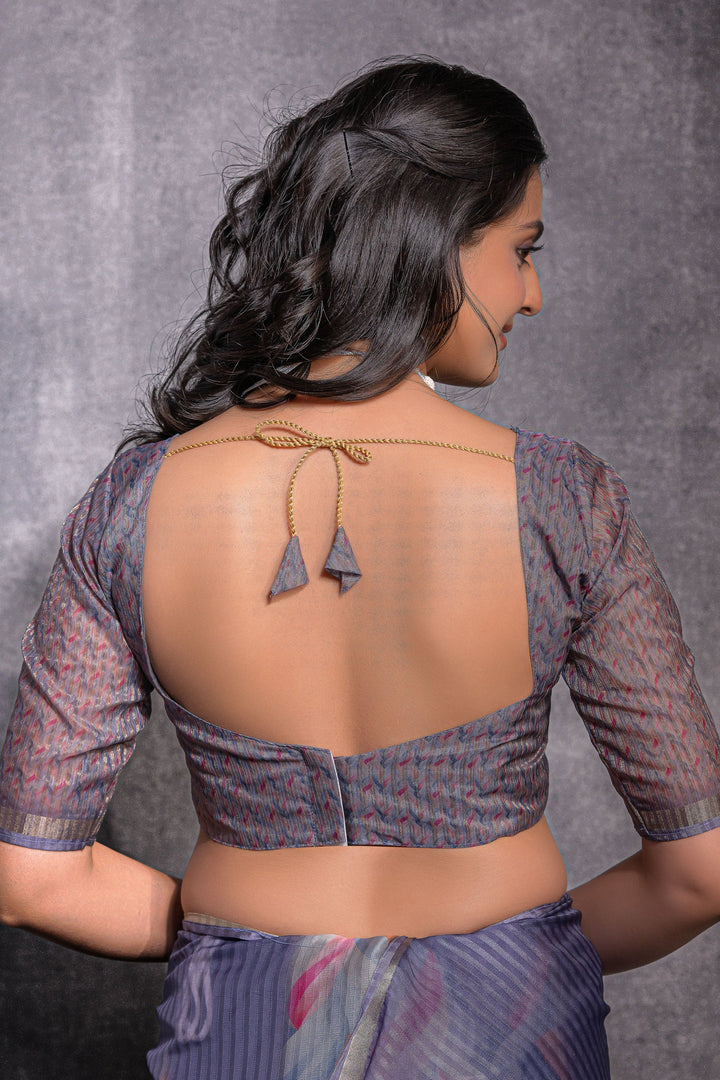 Pure Linen Zari Pattern Blue Printed Saree | Buy Online India
