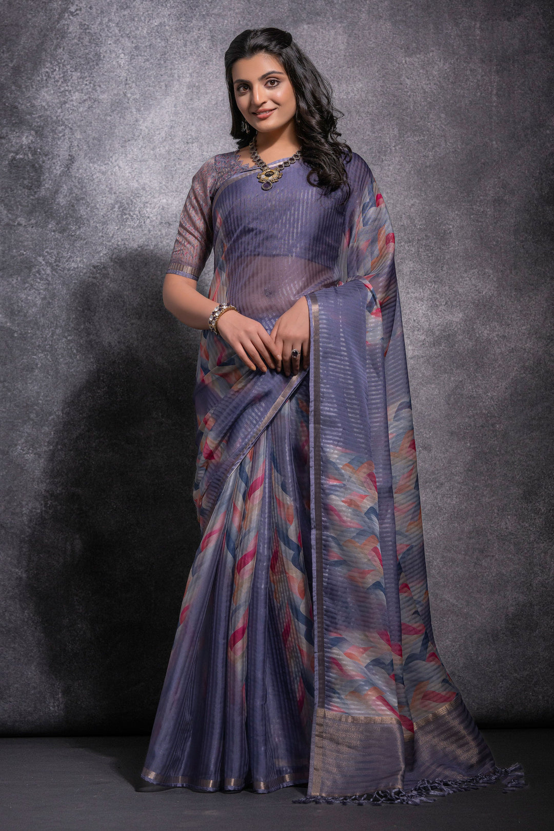 Pure Linen Zari Pattern Blue Printed Saree | Buy Online India