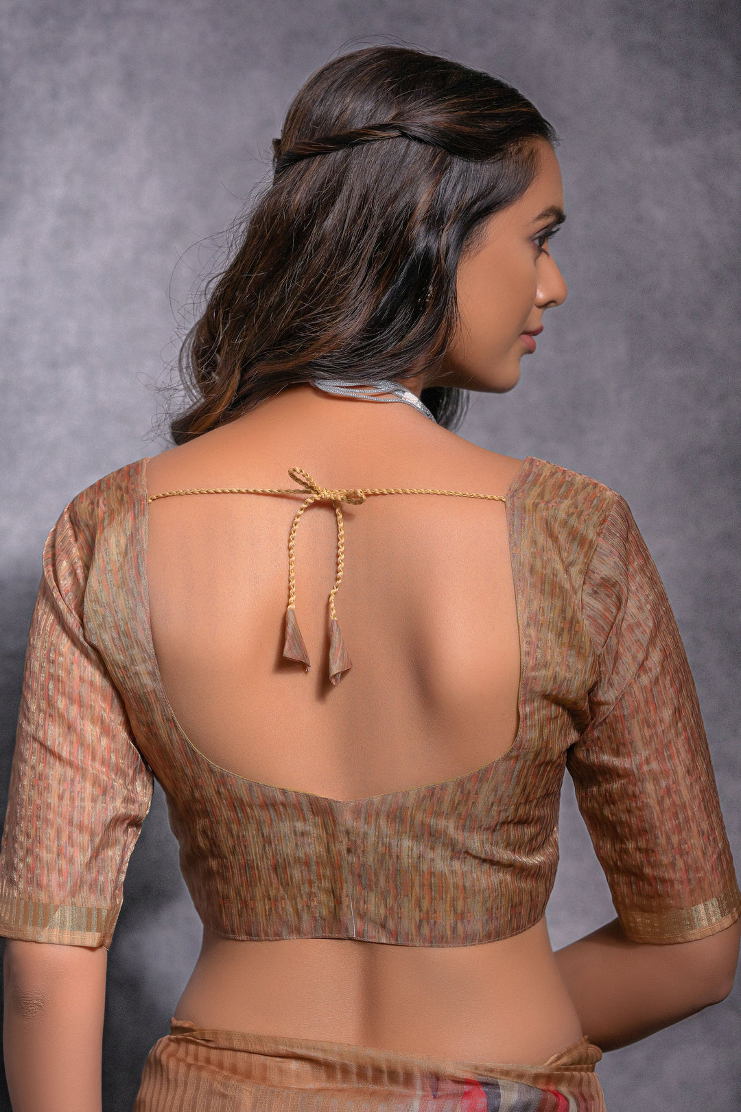 Brown Pure Linen Zari Pattern Printed Saree | Buy Online India