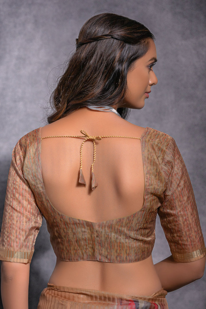 Brown Pure Linen Zari Pattern Printed Saree | Buy Online India