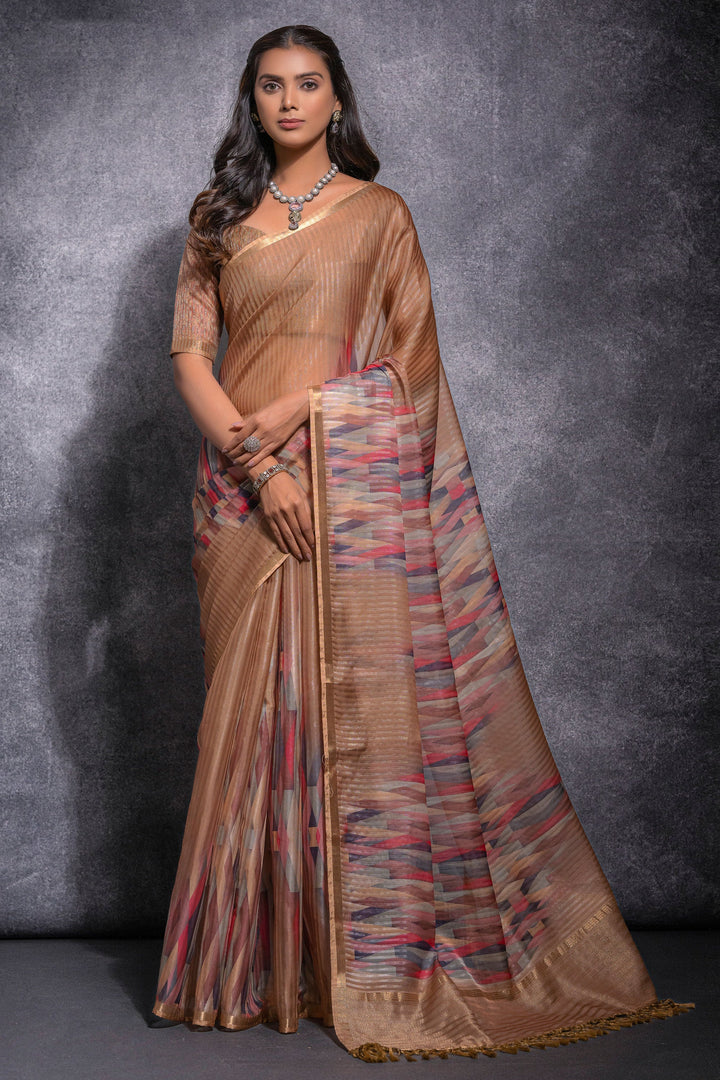 Brown Pure Linen Zari Pattern Printed Saree | Buy Online India