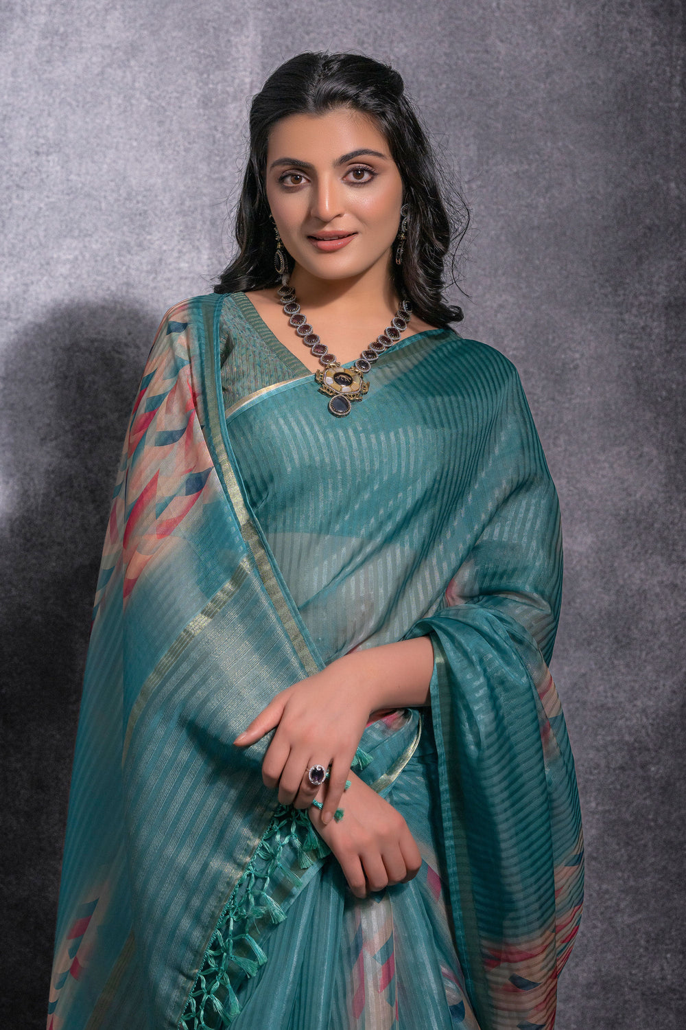 Pure Linen Teal Printed Saree | Buy Online India
