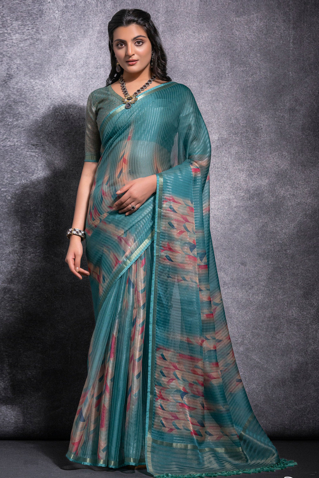 Pure Linen Teal Printed Saree | Buy Online India