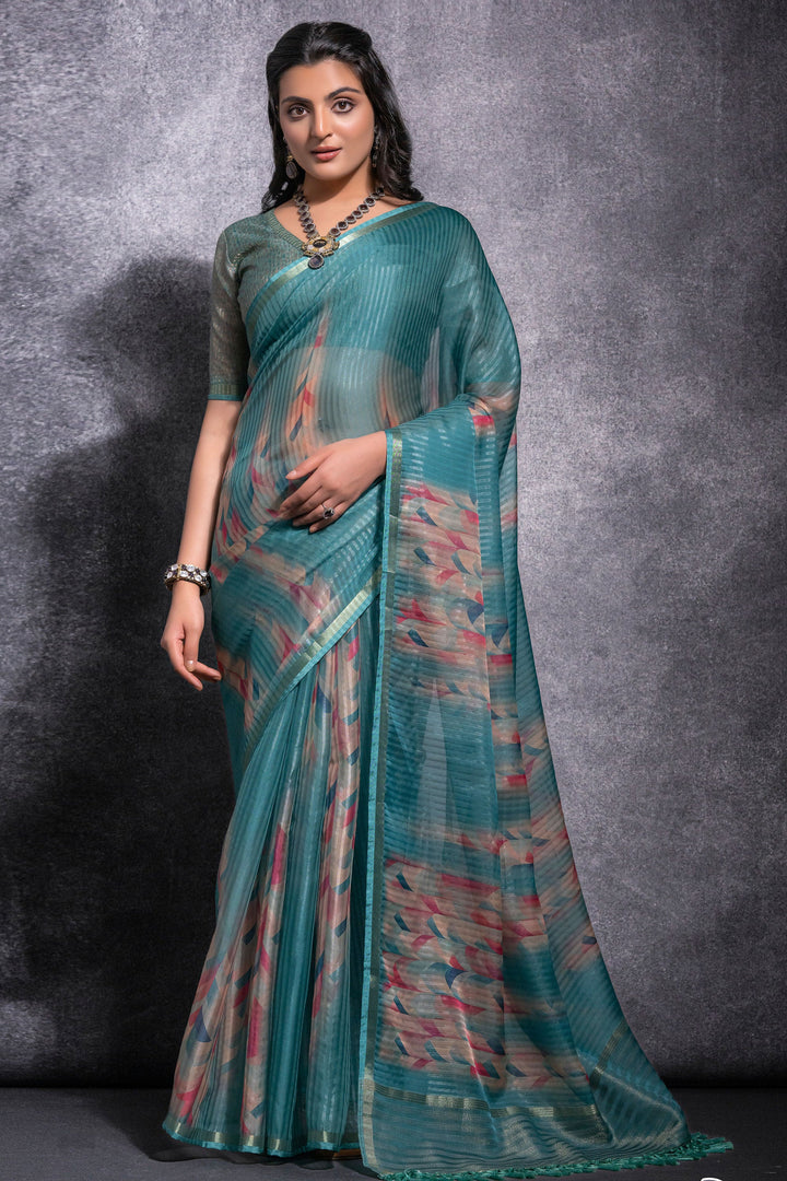 Pure Linen Teal Printed Saree | Buy Online India