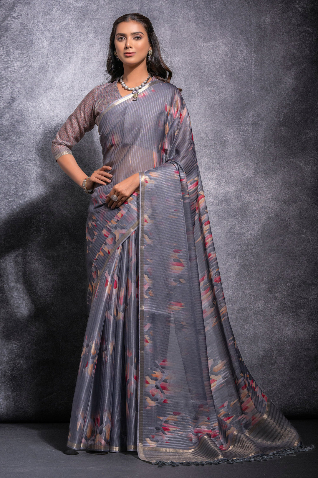 Grey Pure Linen Printed Saree | Buy Online India