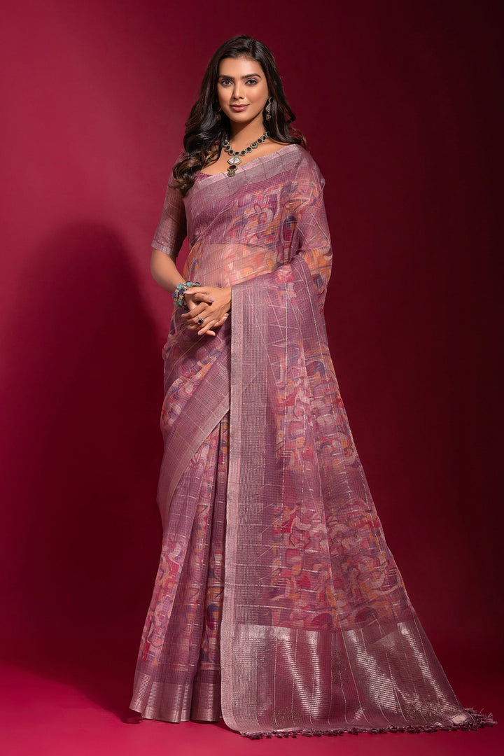Pink Printed Pure Linen Zari Pattern Checks Daily Wear Saree With Blouse | Buy Online India