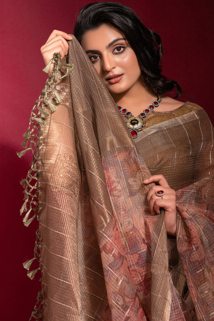Peach Printed Pure Linen Zari Pattern Checks Saree | Buy Online India