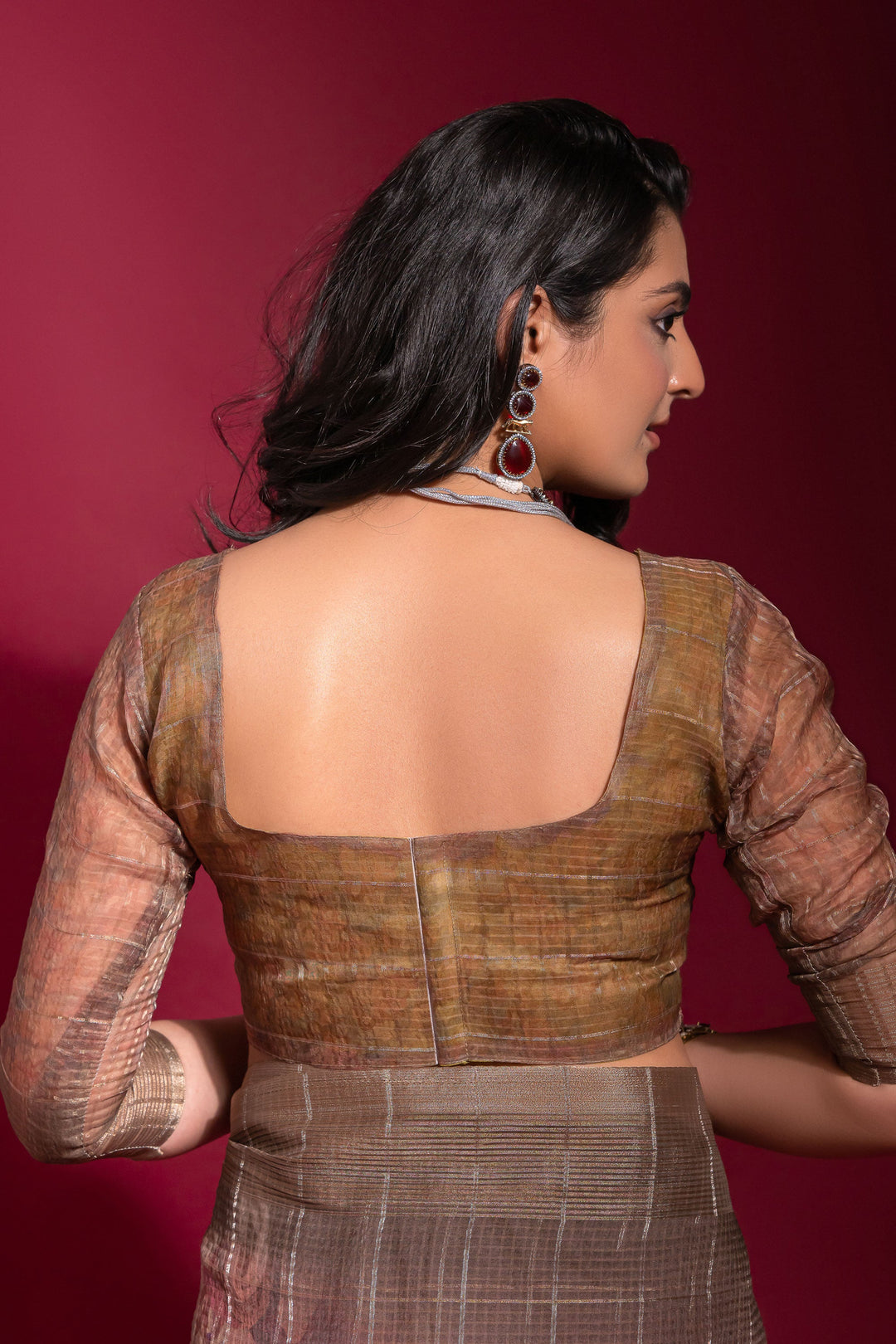 Peach Printed Pure Linen Zari Pattern Checks Saree | Buy Online India