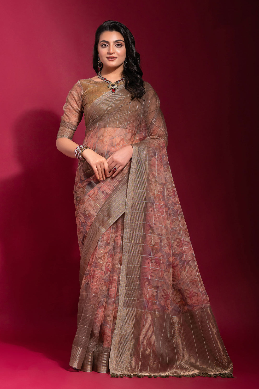 Peach Printed Pure Linen Zari Pattern Checks Saree | Buy Online India