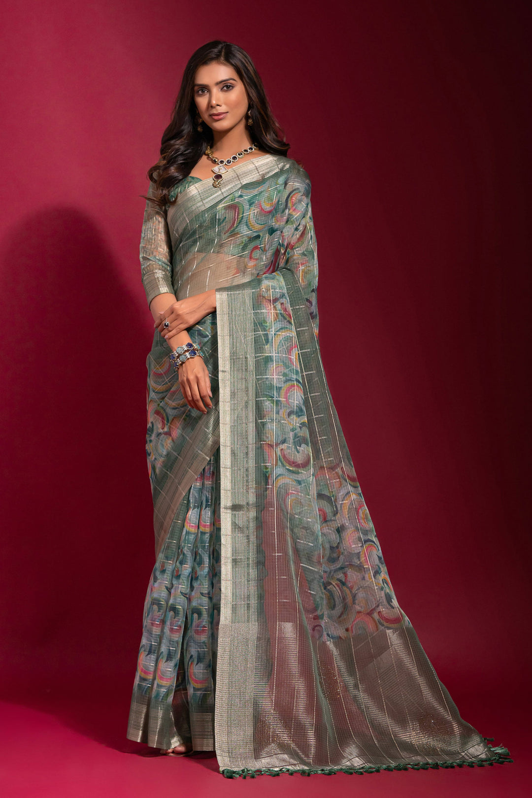 Pure Linen Zari Pattern Checks Sea Green Printed Saree | Buy Online India