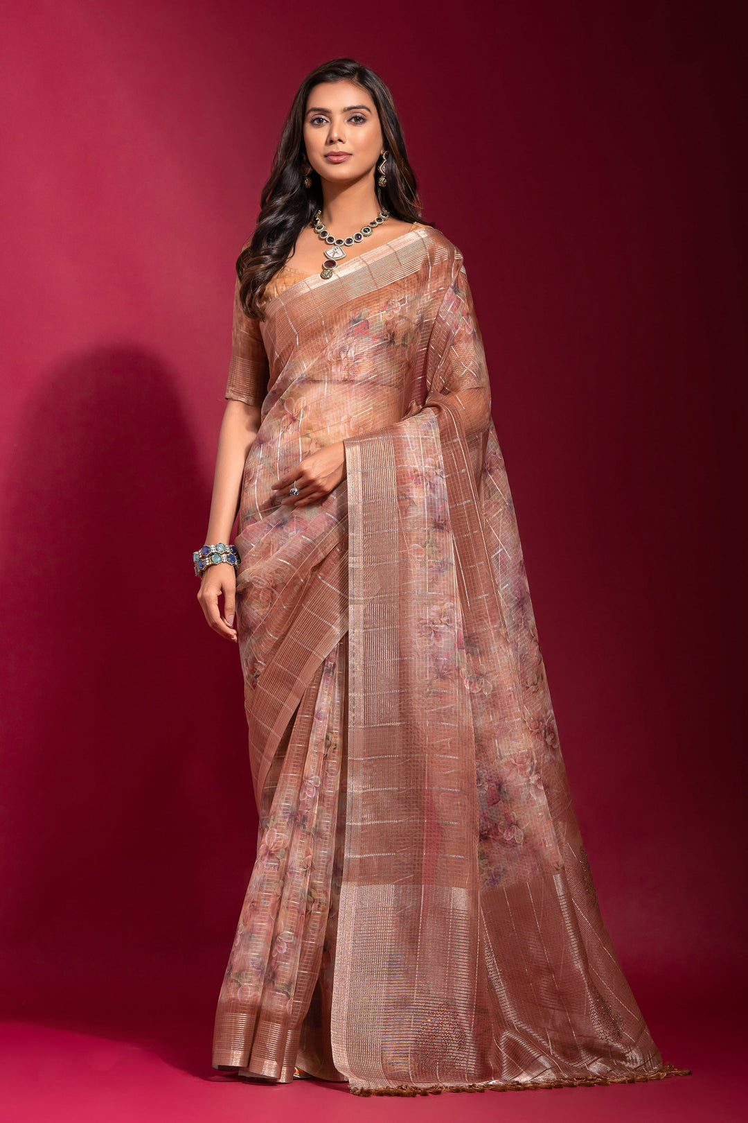 Rust Pure Linen Zari Pattern Checks Printed Saree | Buy Online India