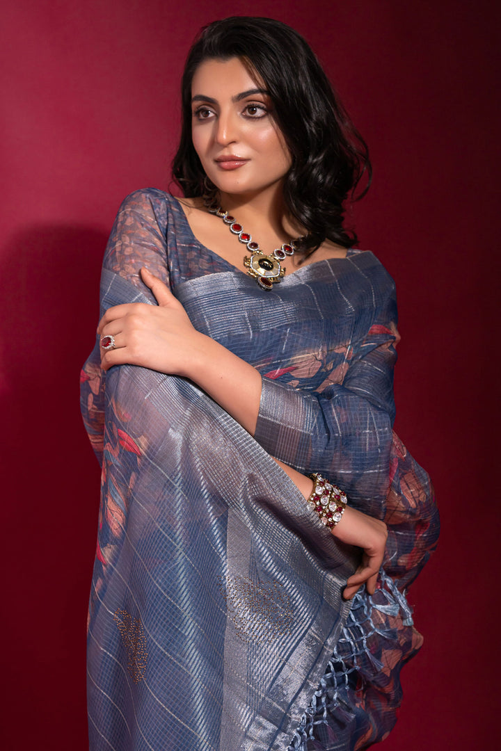 Navy Blue Printed Pure Linen Zari Pattern Checks Saree | Buy Online India