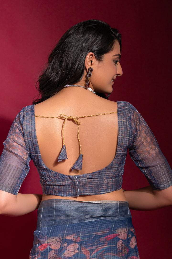 Navy Blue Printed Pure Linen Zari Pattern Checks Saree | Buy Online India