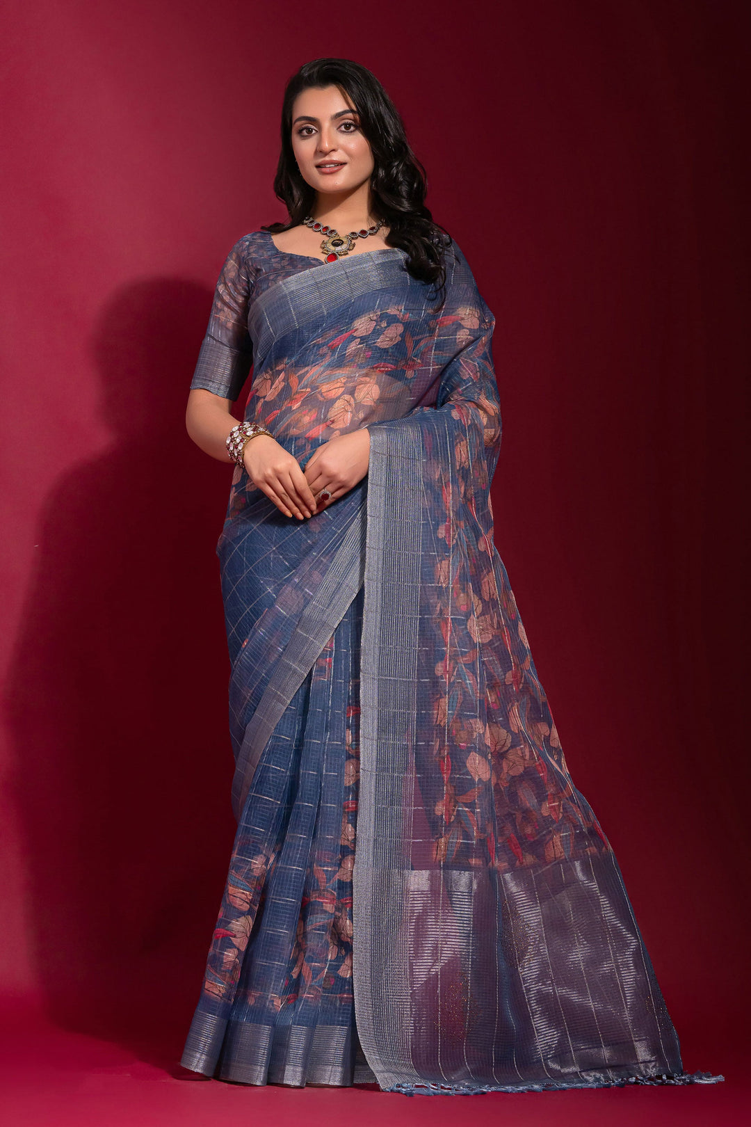 Navy Blue Printed Pure Linen Zari Pattern Checks Saree | Buy Online India