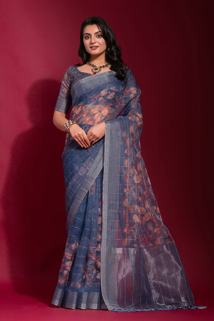 Navy Blue Printed Pure Linen Zari Pattern Checks Saree | Buy Online India