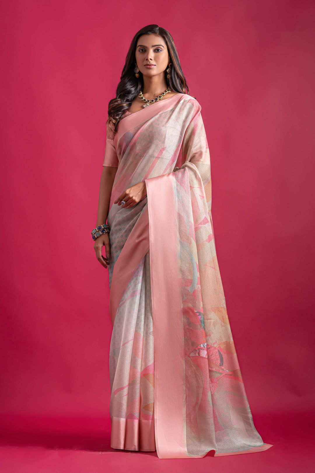 Pink Printed Pure Linen Checks Saree | Buy Online India