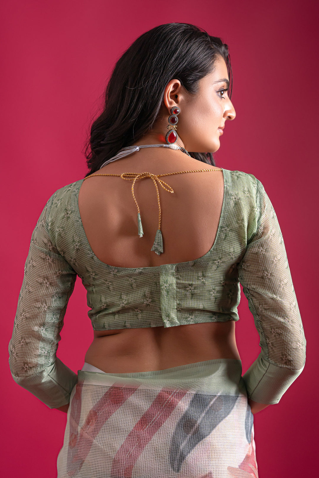 Sea Green Printed Pure Linen Checks Saree | Buy Online India