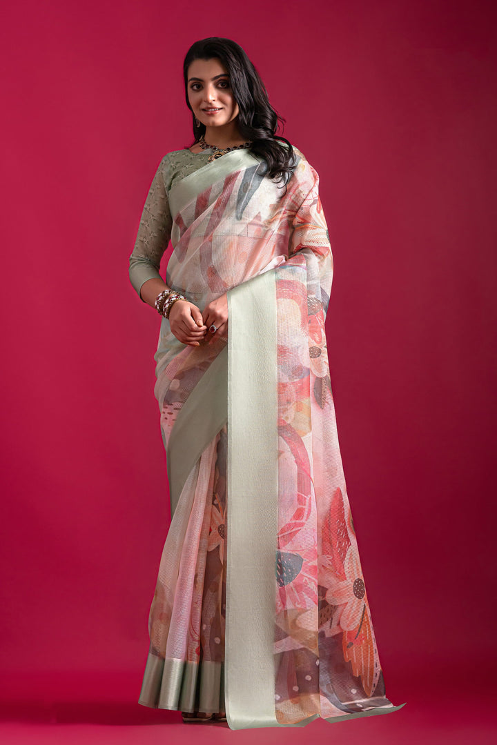 Sea Green Printed Pure Linen Checks Saree | Buy Online India