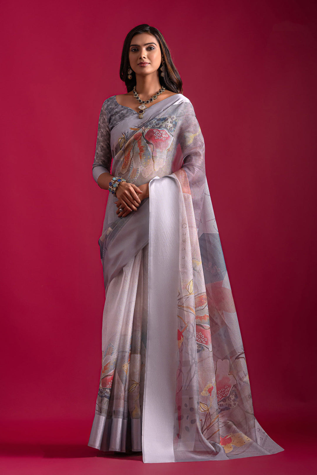 Printed Casual Saree In Grey Color | Buy Online India