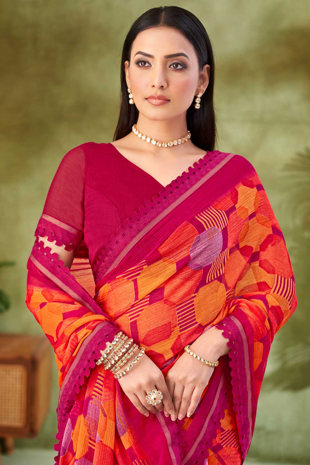 Rani Color Chiffon Fabric Beatific Printed Saree | Buy Online India