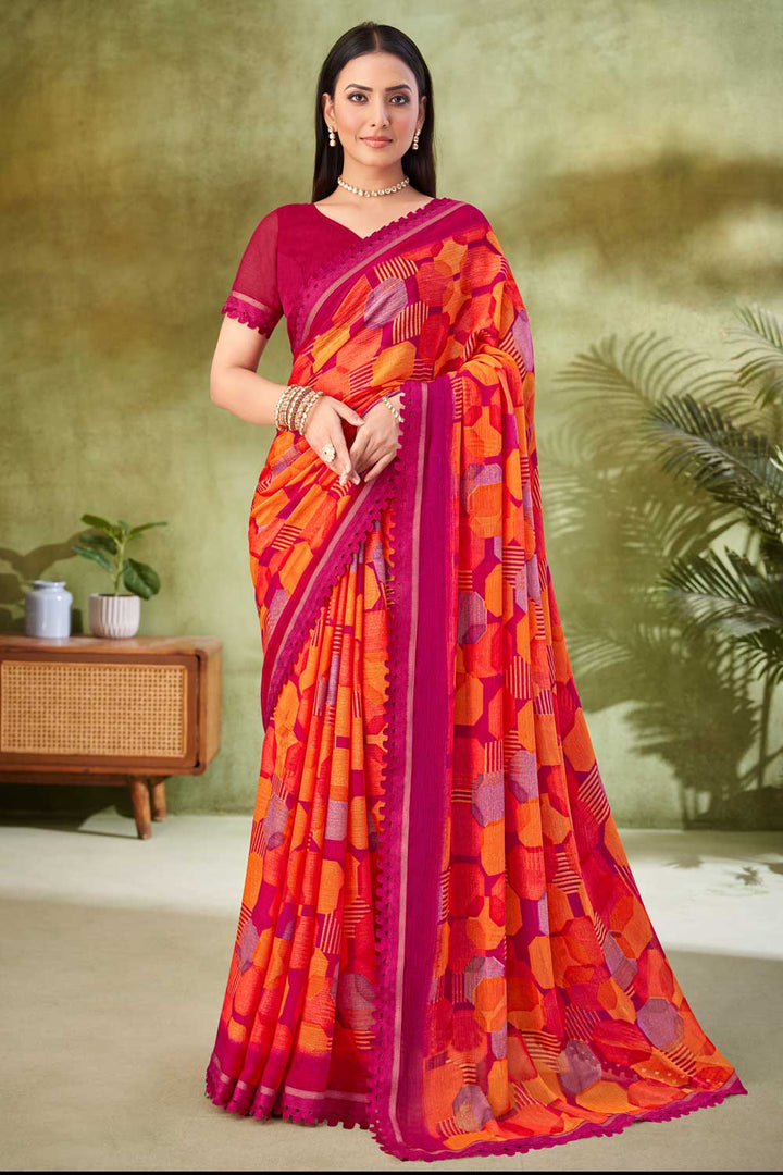 Rani Color Chiffon Fabric Beatific Printed Saree | Buy Online India