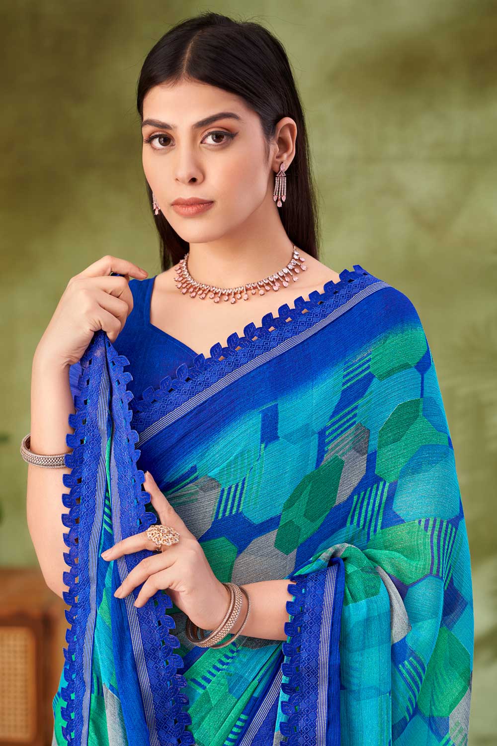Beguiling Cyan Color Chiffon Fabric Printed Saree | Buy Online India