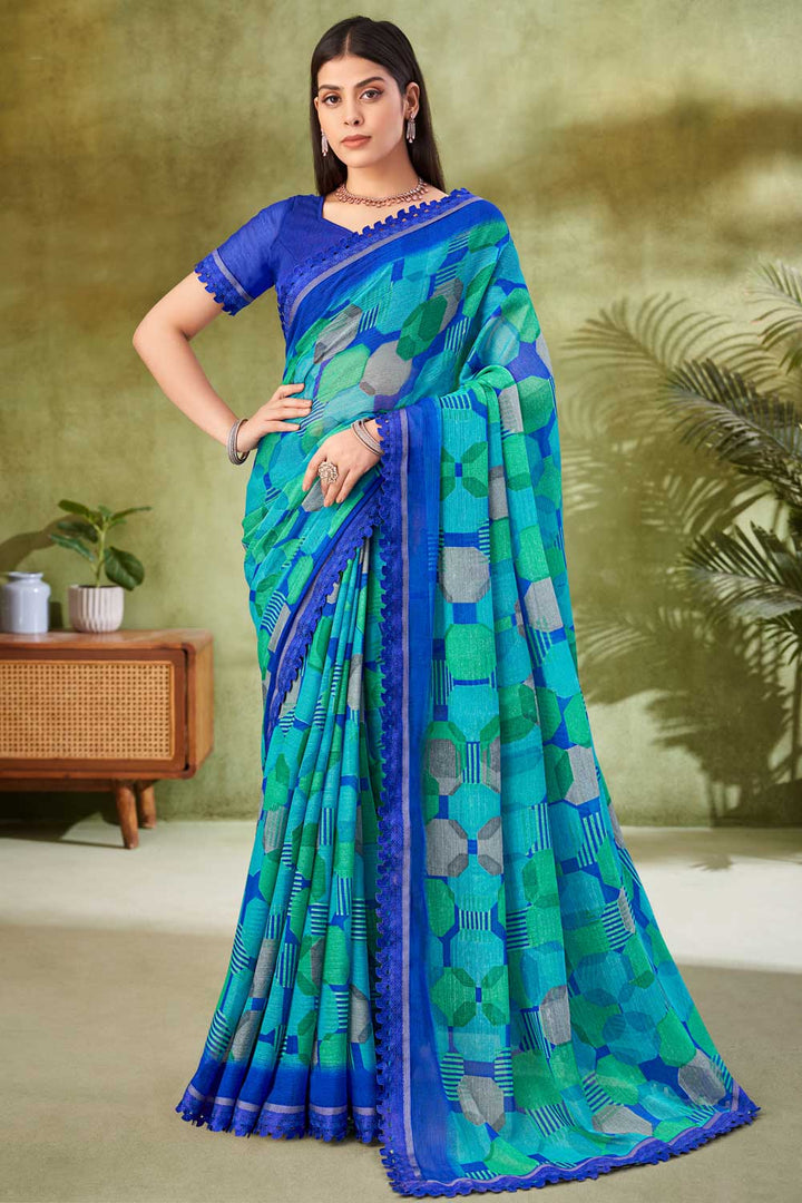 Beguiling Cyan Color Chiffon Fabric Printed Saree | Buy Online India