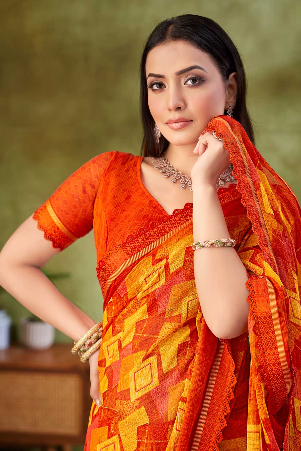 Sober Orange Color Chiffon Fabric Printed Saree | Buy Online India