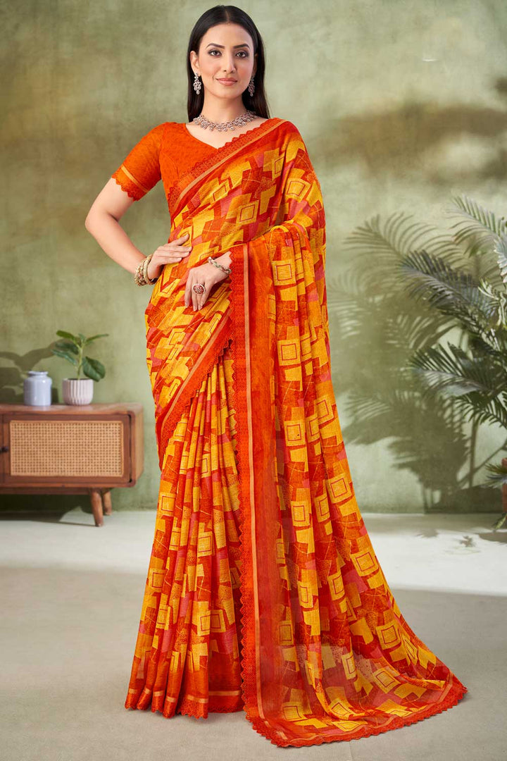 Sober Orange Color Chiffon Fabric Printed Saree | Buy Online India