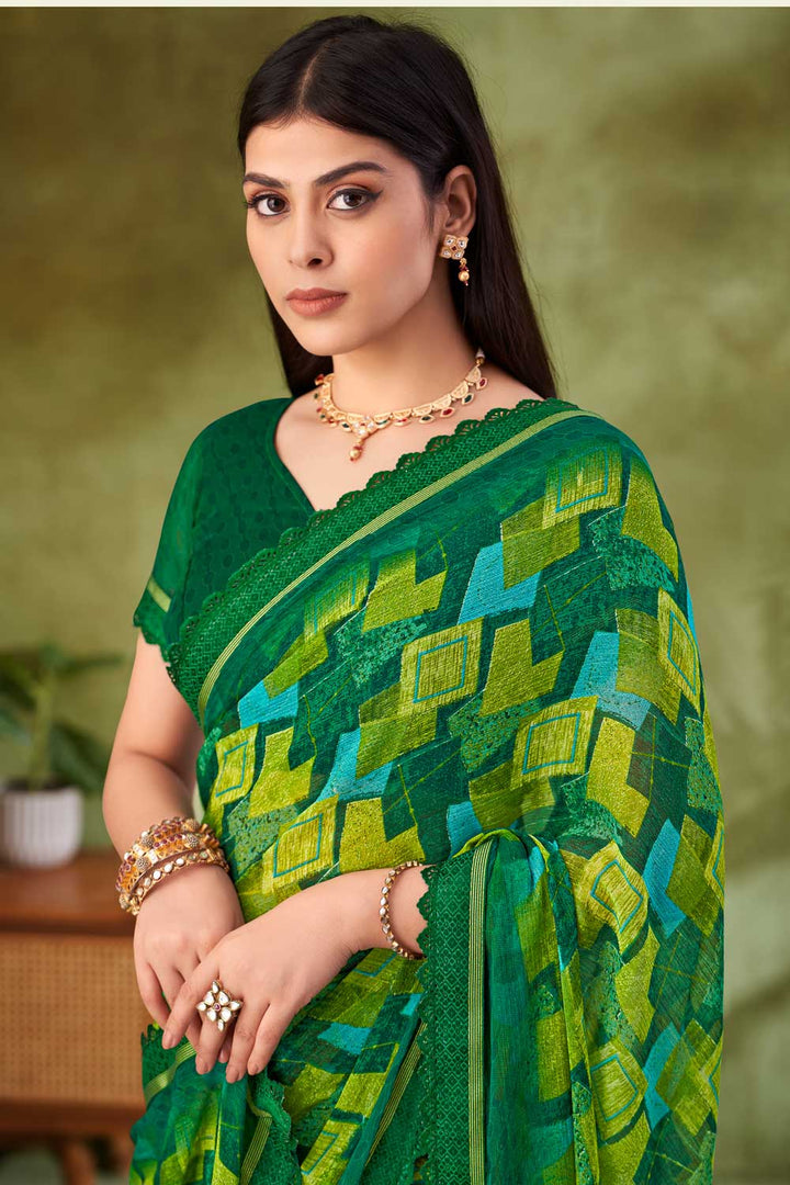Tempting Chiffon Fabric Green Color Printed Saree | Buy Online India