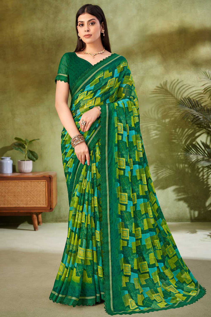 Tempting Chiffon Fabric Green Color Printed Saree | Buy Online India