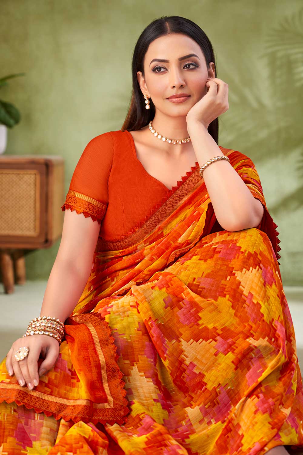 Engaging Orange Color Chiffon Fabric Printed Saree | Buy Online India