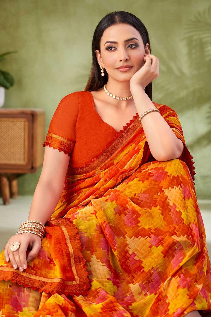 Engaging Orange Color Chiffon Fabric Printed Saree | Buy Online India