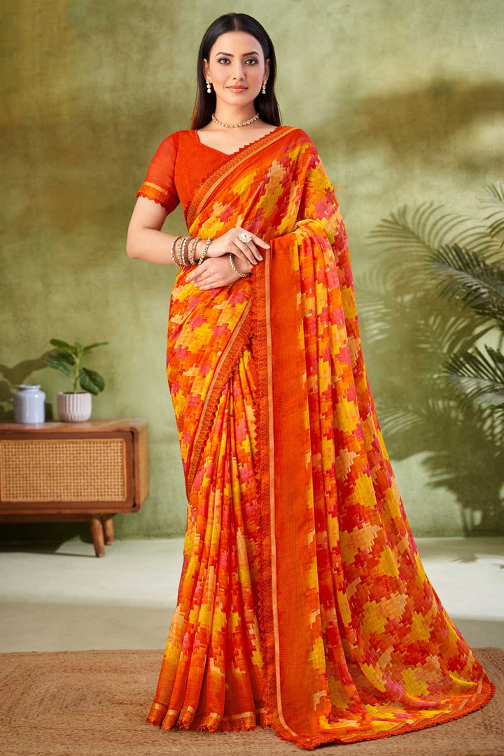 Engaging Orange Color Chiffon Fabric Printed Saree | Buy Online India