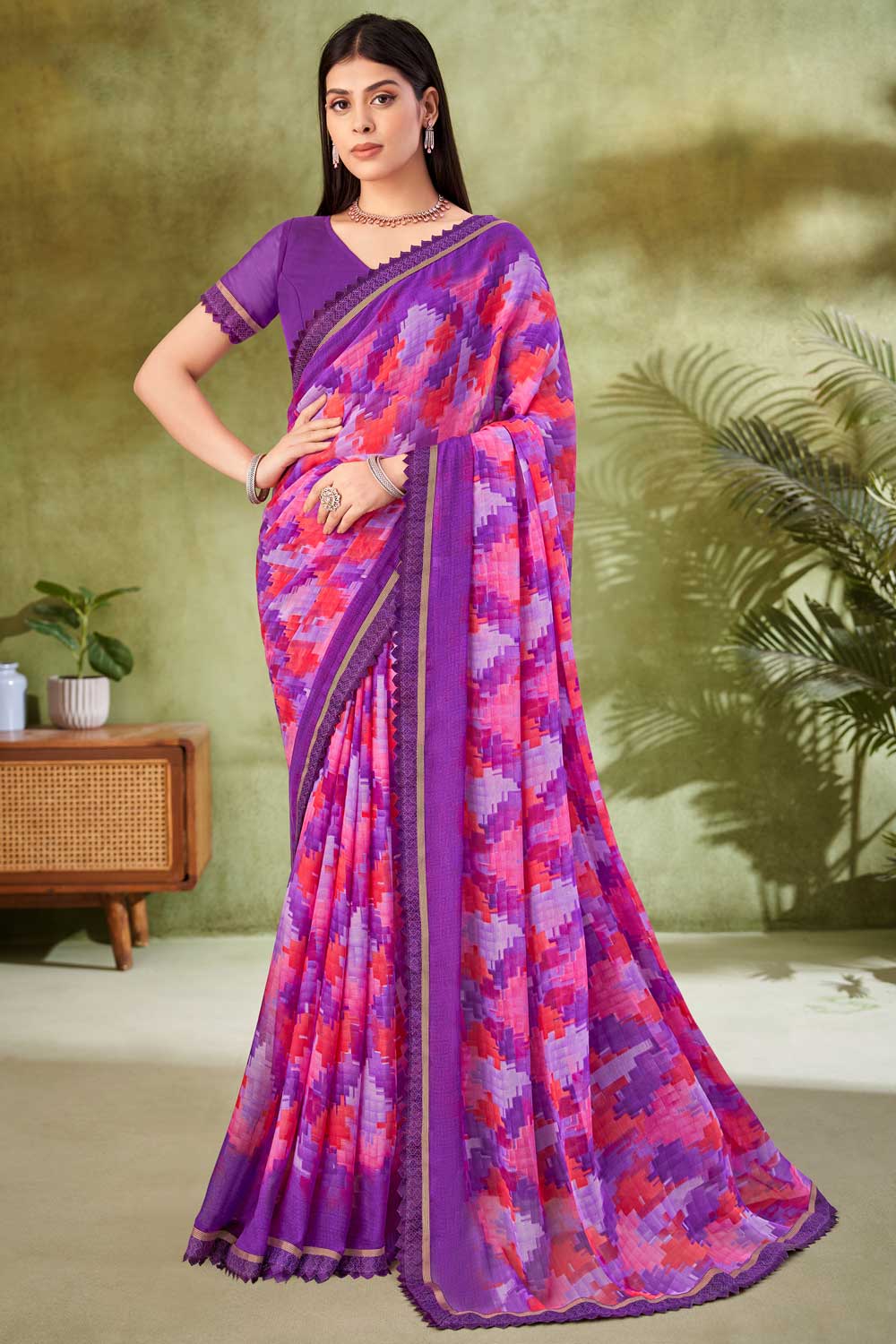 Classic Purple Color Printed Saree In Chiffon Fabric | Buy Online India