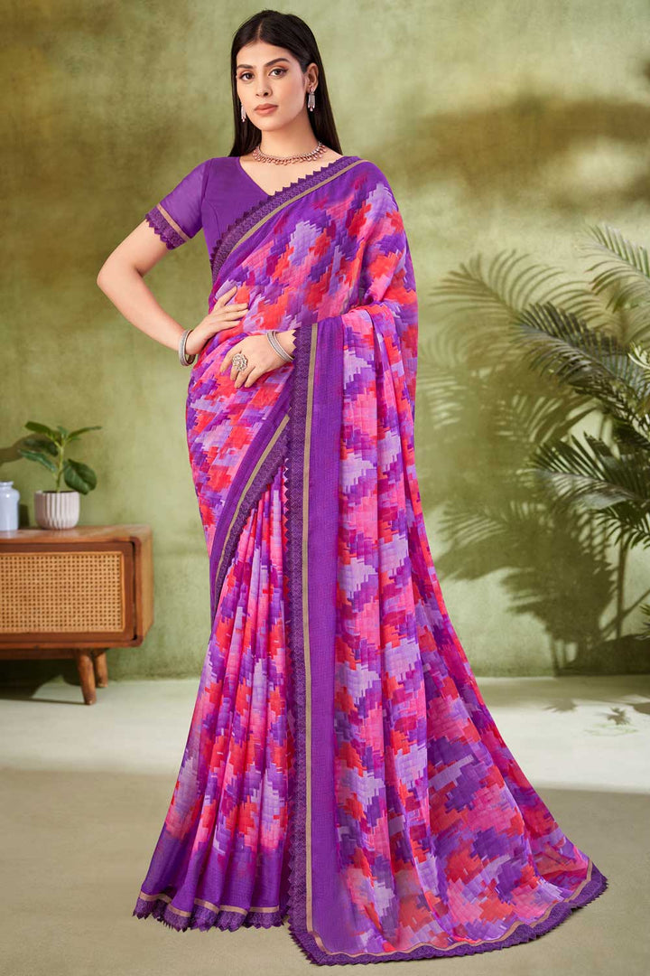 Classic Purple Color Printed Saree In Chiffon Fabric | Buy Online India