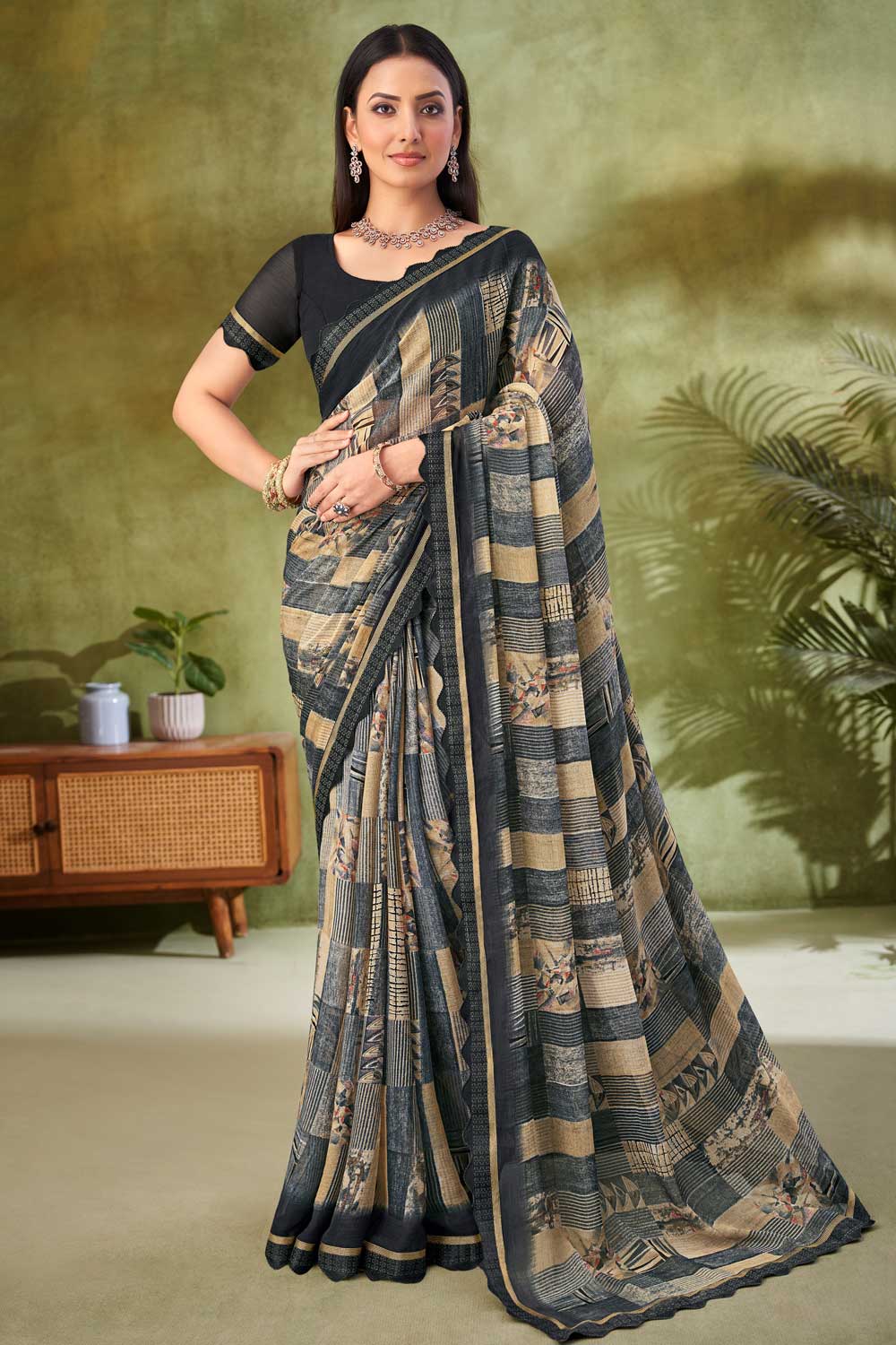 Lovely Chiffon Fabric Black Color Printed Saree | Buy Online India