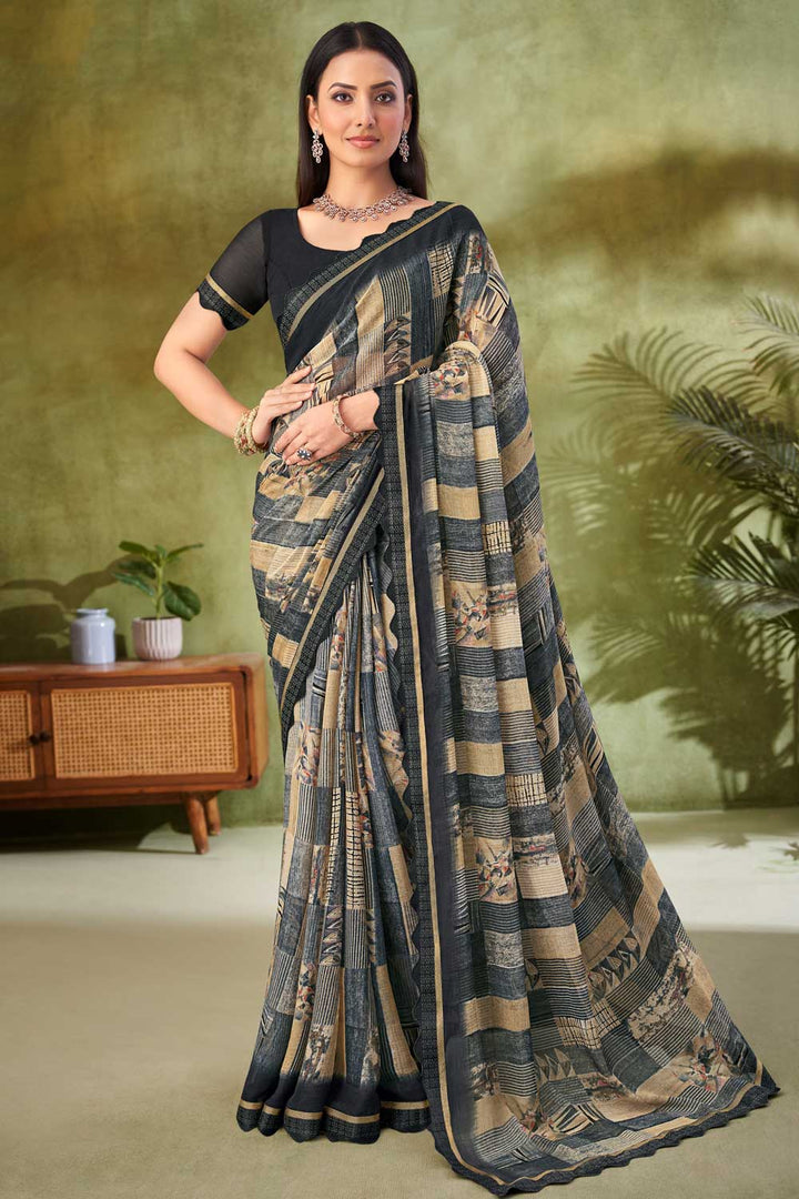 Lovely Chiffon Fabric Black Color Printed Saree | Buy Online India