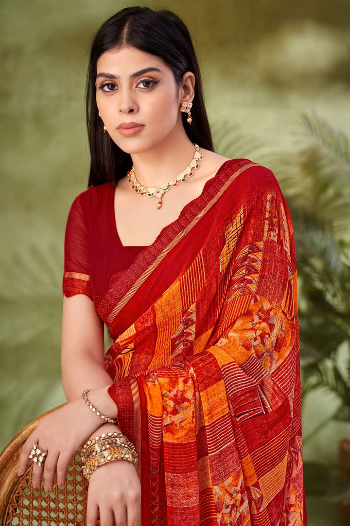 Creative Printed Saree In Red Color Chiffon Fabric | Buy Online India
