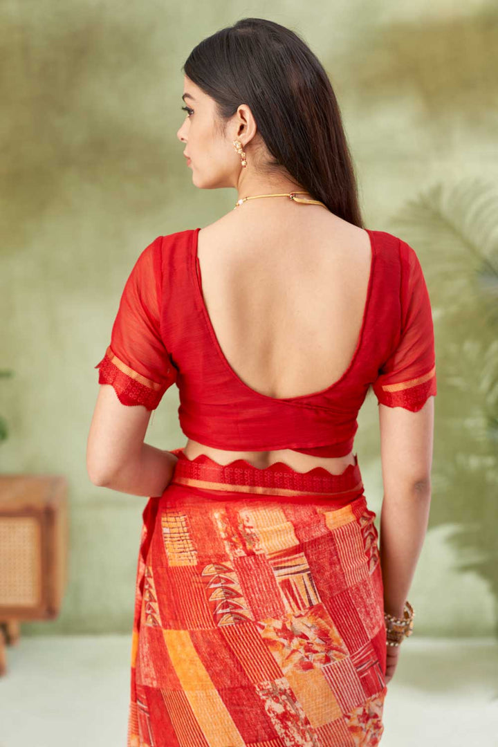 Creative Printed Saree In Red Color Chiffon Fabric | Buy Online India