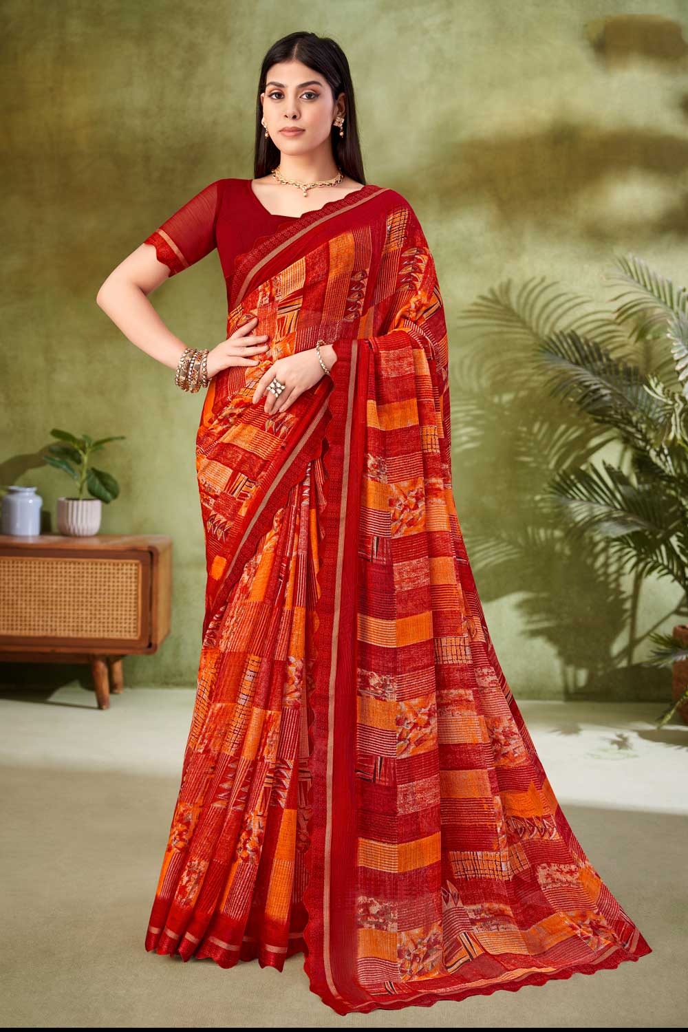 Creative Printed Saree In Red Color Chiffon Fabric | Buy Online India