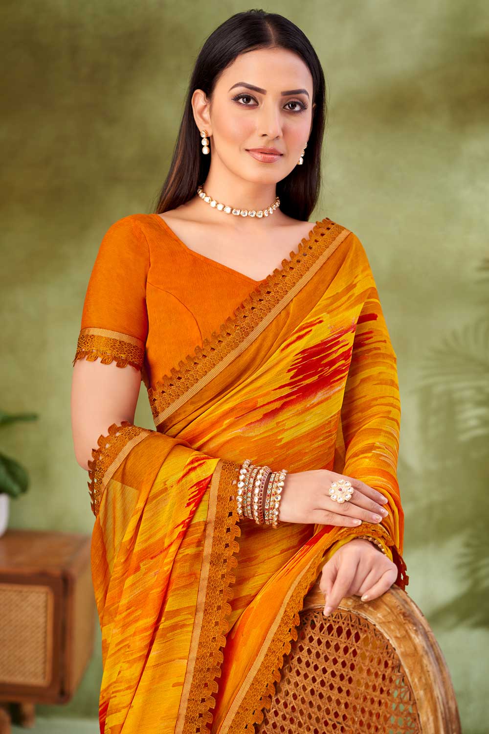 Marvellous Chiffon Fabric Printed Saree In Yellow Color | Buy Online India