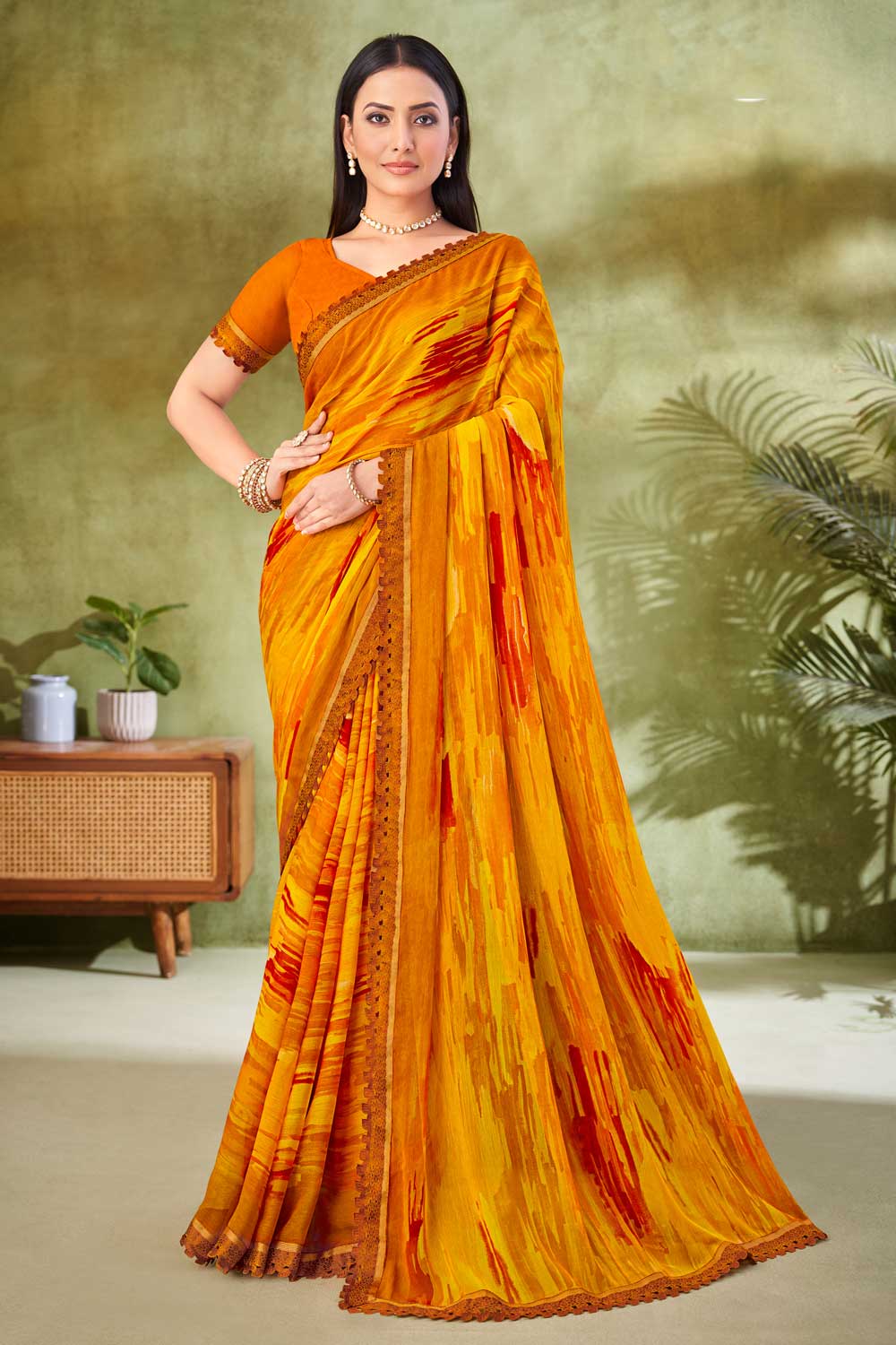 Marvellous Chiffon Fabric Printed Saree In Yellow Color | Buy Online India